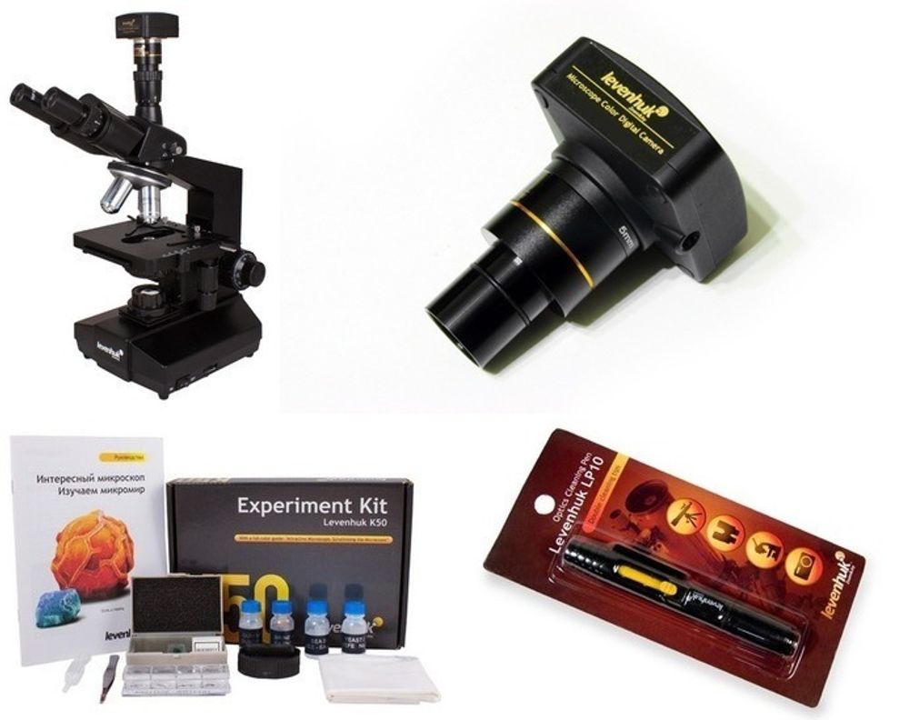 Комплект из микроскопа с камерой-насадкой, учебных пособий и набора для ухода