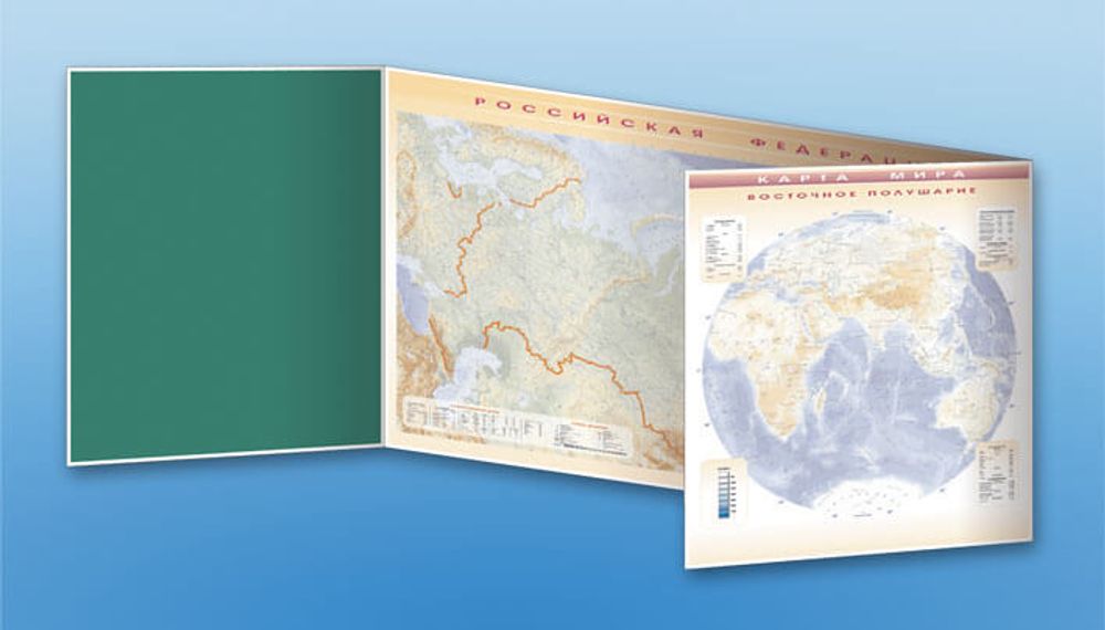 Панорамная трехэлементная комбинированная магнитно-маркерная доска Карта мира с комплектом тематических магнитов КМ-3 (география)