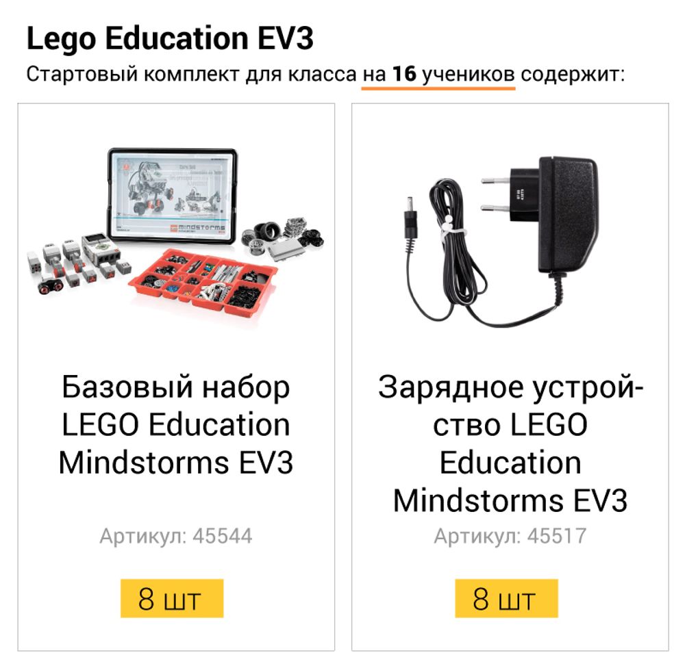 Стартовый комплект для класса LEGO Mindstorms EV3 на 16 учеников